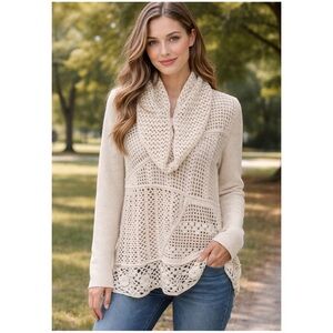 PURE HANDKNIT Women Size S/M Cream Cowl Neck Long Sleeve Open Knit Tunic Sweater